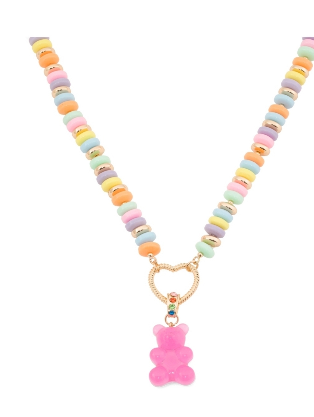 👉✨️Betsey Johnson Pastel Multi-Color Beaded Necklace with Pink Gummy Bear Charm